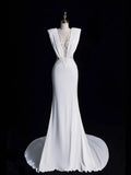 Simple Mermaid V Neckline Satin Sleeveless White Lace Wedding Dress Fairytale Autumn Bridal Dresses HZ0311