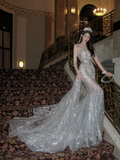 Luxurious Wedding Dresses Mermaid Scoop Neck With Beads Gem Silver Sequin Brides Dress For Brides Fitted Bridal Gown HZ0311