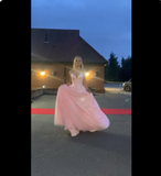Classy V-neck Pink Sparkle Tulle A-line Long Prom Dresses Inspo Long Prom Gown HZ0311