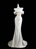 Classic Mermaid Wedding Dresses Off The Shoulder Satin White With Short Sleeves Brides Dress Fitted Bridal Gowns HZ0311