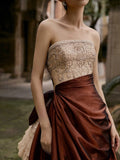 Modest Ball Gown Strapless Champagne Beaded Top Brown Skirt Long Evening Prom Dresses Long Evening Formal Dress HZ0311