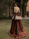 Modest Ball Gown Strapless Champagne Beaded Top Brown Skirt Long Evening Prom Dresses Long Evening Formal Dress HZ0311