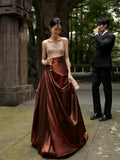 Modest Ball Gown Strapless Champagne Beaded Top Brown Skirt Long Evening Prom Dresses Long Evening Formal Dress HZ0311