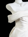 Classic Mermaid Wedding Dresses Off The Shoulder Satin White With Short Sleeves Brides Dress Fitted Bridal Gowns HZ0311