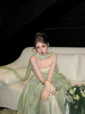 Simple A line Strapless Sage Green Shiny Satin Sage Green Prom Dress Aesthetic Long Graduation Dance Evening Outfits HZ0311