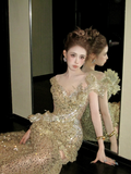 Shiny Mermaid Gold Sequin With Corset Fitted Back Prom Dress Aesthetic Long Graduation Evening Outfits HZ0311