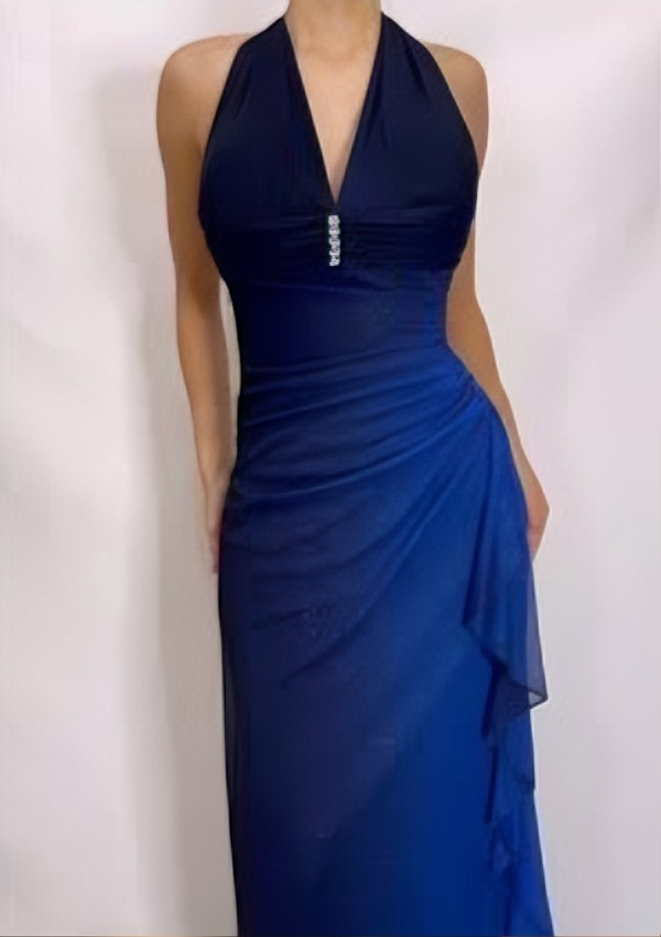 Dark Blue Halter Sheath Chiffon Long Party Dress Vintage Evening Dress, HZ0427