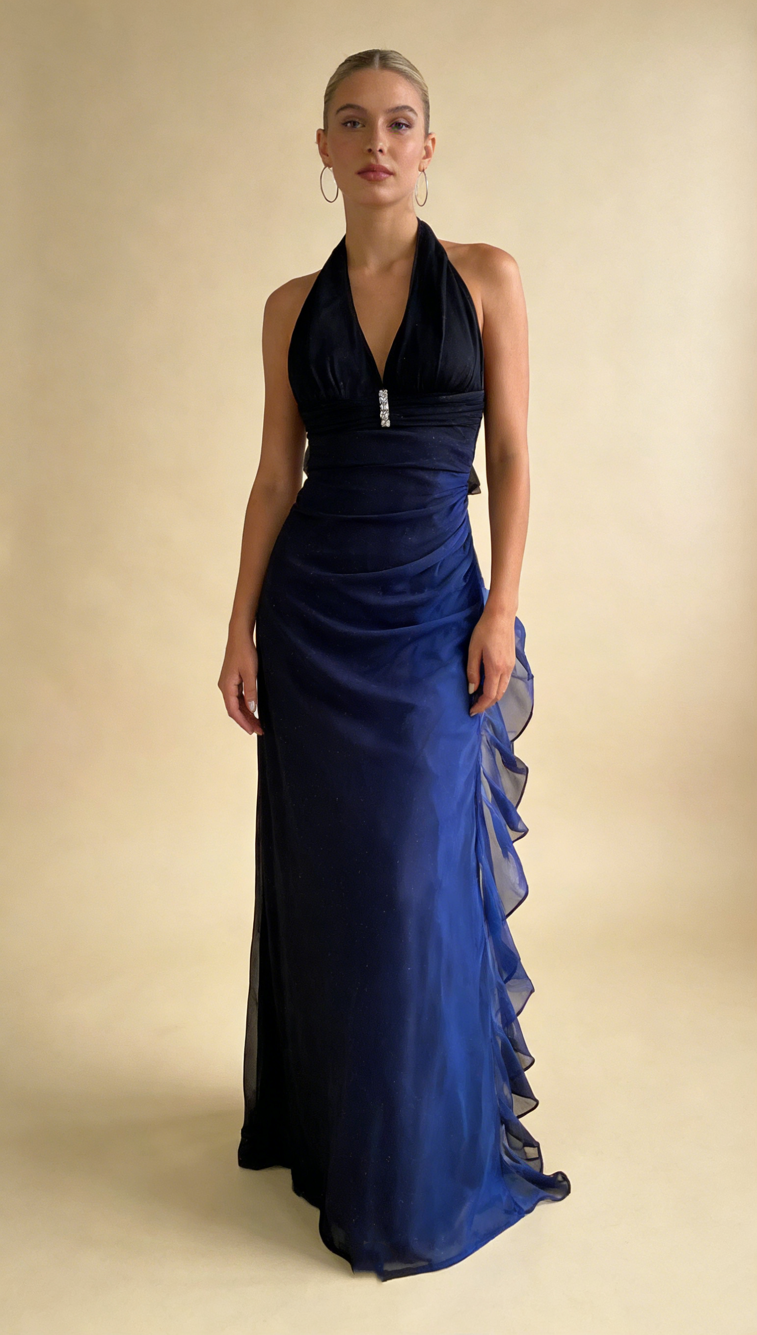 Dark Blue Halter Sheath Chiffon Long Party Dress Vintage Evening Dress, HZ0427