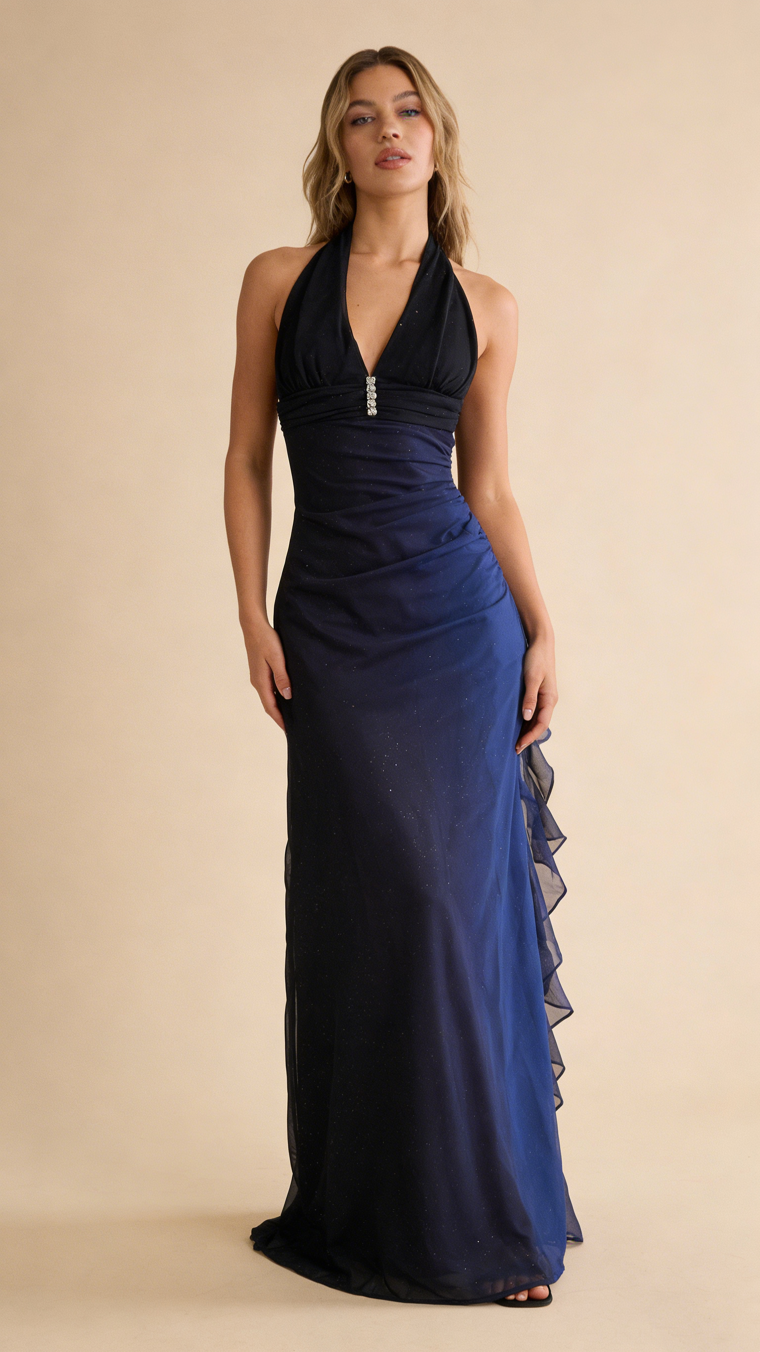 Dark Blue Halter Sheath Chiffon Long Party Dress Vintage Evening Dress, HZ0427