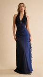Dark Blue Halter Sheath Chiffon Long Party Dress Vintage Evening Dress, HZ0427