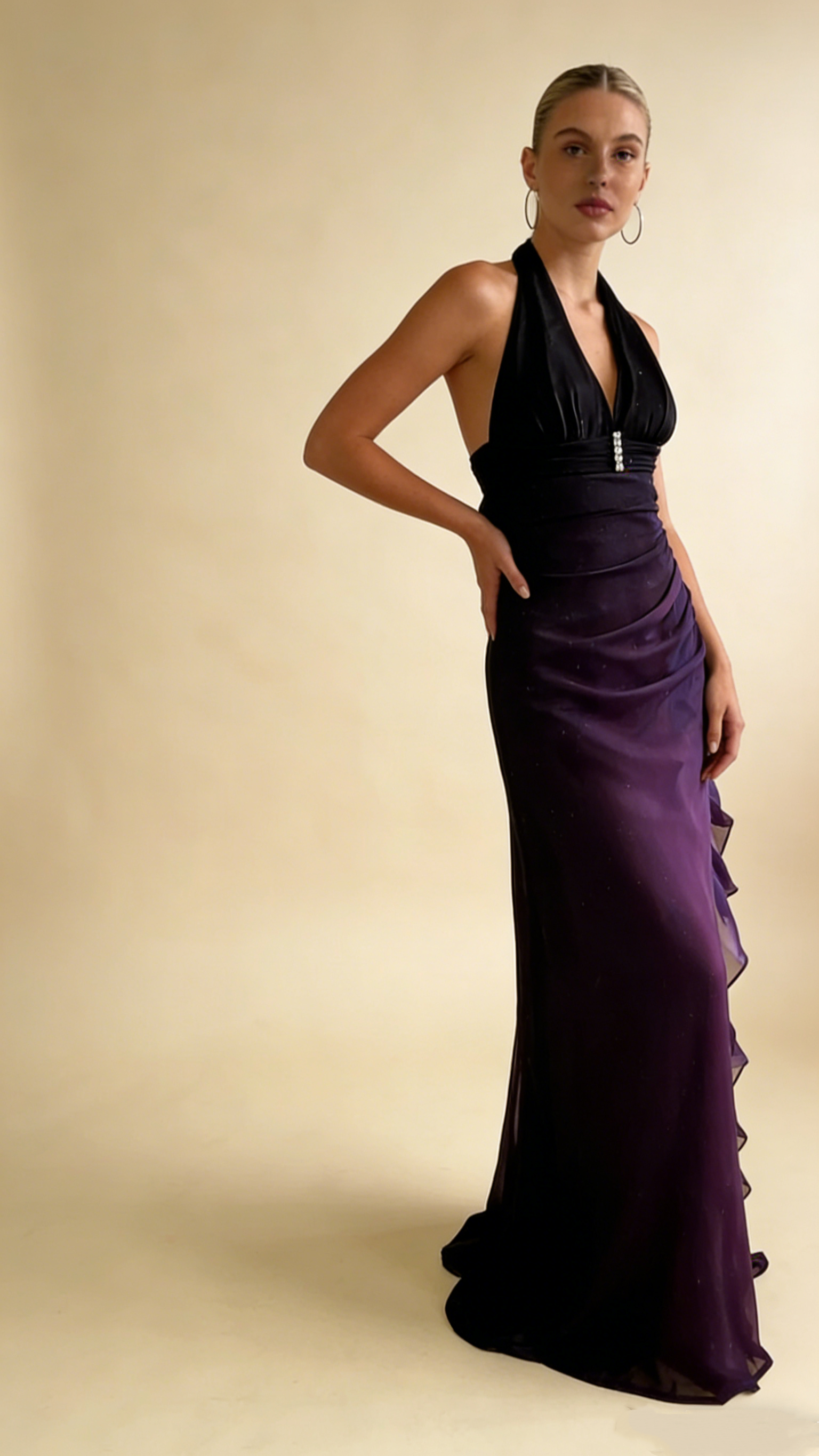 Dark Blue Halter Sheath Chiffon Long Party Dress Vintage Evening Dress, HZ0427