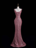 Modest Sheath Strapless Pink Sequins Long Formal Prom Evening Dress Dinner Outfits Party Gowns For Teens Girls HZ0311