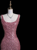 Sparkly Mermaid Square Neck Pink Beaded Bodice Long Prom Dress Evening Outfits Formal Dress HZ0311