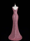 Sparkly Mermaid Square Neck Pink Beaded Bodice Long Prom Dress Evening Outfits Formal Dress HZ0311