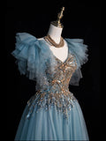Sparkly Ball Gown V Neckline Blue Tulle Beaded Bodice Long Prom Dress Evening Outfits Formal Dress HZ0311