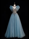 Sparkly Ball Gown V Neckline Blue Tulle Beaded Bodice Long Prom Dress Evening Outfits Formal Dress HZ0311