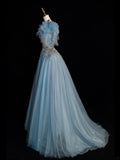 Sparkly Ball Gown V Neckline Blue Tulle Beaded Bodice Long Prom Dress Evening Outfits Formal Dress HZ0311