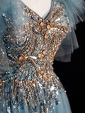 Sparkly Ball Gown V Neckline Blue Tulle Beaded Bodice Long Prom Dress Evening Outfits Formal Dress HZ0311