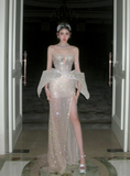Sparkly Mermaid Sweetheart Champagne Slit Prom Dress Aesthetic Long Graduation Evening Outfits HZ0311