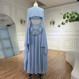 Classy A Line Strapless Blue Chiffon Beaded Prom Dresses Formal Dress 20th Birthday Outfits Prom Gown HZ0311