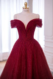 Shinning Ball Gown Off The Shoulder Red Tulle With Beads For Women Party Dresses Long Formal Prom Dresses 22th Birthday Gown HZ0311