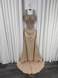 Sparkly Mermaid Square Neck Champagne Sequins Senior Prom Dresses High School Long Formal Dress HZ0311