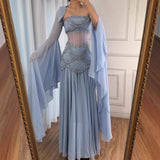 Classy A Line Strapless Blue Chiffon Beaded Prom Dresses Formal Dress 20th Birthday Outfits Prom Gown HZ0311