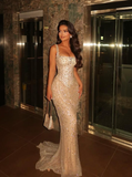 Sparkly Mermaid Square Neck Champagne Sequins Senior Prom Dresses High School Long Formal Dress HZ0311