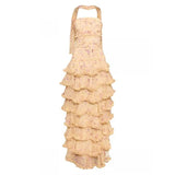 Modest Sheath Strapless Yellow Chiffon Floral Long Prom Dresses Party Dress 22th Birthday Outfits Graduation Dress HZ0311