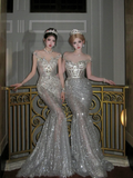 Luxurious Wedding Dresses Mermaid Style With Beaded Crystals Bodice Silver Sequin Bride Dress For Brides Fitted Bridal Gown HZ0311