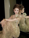Shiny Mermaid Gold Sequin With Corset Fitted Back Prom Dress Aesthetic Long Graduation Evening Outfits HZ0311
