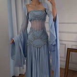 Classy A Line Strapless Blue Chiffon Beaded Prom Dresses Formal Dress 20th Birthday Outfits Prom Gown HZ0311