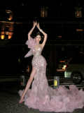 New Mermaid One Shoulder Pink Layered Prom Dress Aesthetic Long Graduation Evening Outfits HZ0311