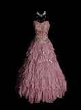 Vintage Ball Gown Sweetheart Sequined Pink Layered Tiered Sweet 16 Dresses Quinceanera Dress Long 15 Vestidos De Fiesta HZ0311