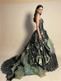 Green Strapless A-Line Satin Lace Long Evening Dress Birthday Ball Gown, HZ0427