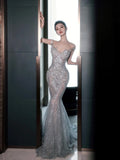 Sparkly Mermaid Wedding Dresses Off The Shoulder Sequins Silver Gray Long Brides Dress Fitted Bridal Gown HZ0311