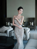 Sparkly Mermaid Wedding Dresses Off The Shoulder Sequins Silver Gray Long Brides Dress Fitted Bridal Gown HZ0311