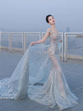 Sparkly Mermaid Wedding Dresses Off The Shoulder Sequins Silver Gray Long Brides Dress Fitted Bridal Gown HZ0311
