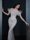 Fairytale Fantasy Art Wedding Dresses Mermaid Off The Shoulder White Sequin With Sleeves Long Brides Dress Fitted Bridal Gowns HZ0311