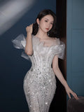 Fairytale Fantasy Art Wedding Dresses Mermaid Off The Shoulder White Sequin With Sleeves Long Brides Dress Fitted Bridal Gowns HZ0311