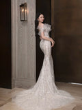 Fairytale Fantasy Art Wedding Dresses Mermaid Off The Shoulder White Sequin With Sleeves Long Brides Dress Fitted Bridal Gowns HZ0311