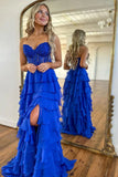 A line Sweetheart Pale Yellow Chiffon Flowy Ruffle Long Formal Gowns Prom Dresses Evening Dress HZ0311