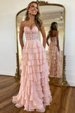 A line Sweetheart Pale Yellow Chiffon Flowy Ruffle Long Formal Gowns Prom Dresses Evening Dress HZ0311