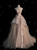 Pearl Pink Strapless A-Line Tulle Long Party Gown with Pearls HZ0427