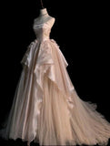 Pearl Pink Strapless A-Line Tulle Long Party Gown with Pearls HZ0427