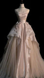 Pearl Pink Strapless A-Line Tulle Long Party Gown with Pearls HZ0427