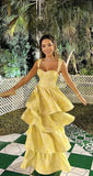 Pastel Yellow Ruffle Tiered A-Line Long Party Prom Dress HZ0427
