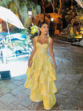 Pastel Yellow Ruffle Tiered A-Line Long Party Prom Dress HZ0427