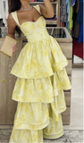 Pastel Yellow Ruffle Tiered A-Line Long Party Prom Dress HZ0427