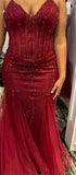 Modest Mermaid Spaghetti Straps Burgundy Lace Tulle Prom Dresses Inspiration Prom Dress Princess Graduation Dress HZ0311